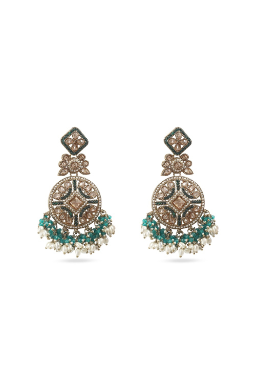 Dark Green Beaded Dangle Earrings With Gold-Plated Finish