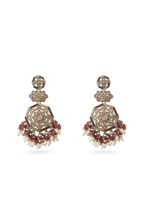Dark Maroon Stone Dangle Earrings With Gold-Plated Finish