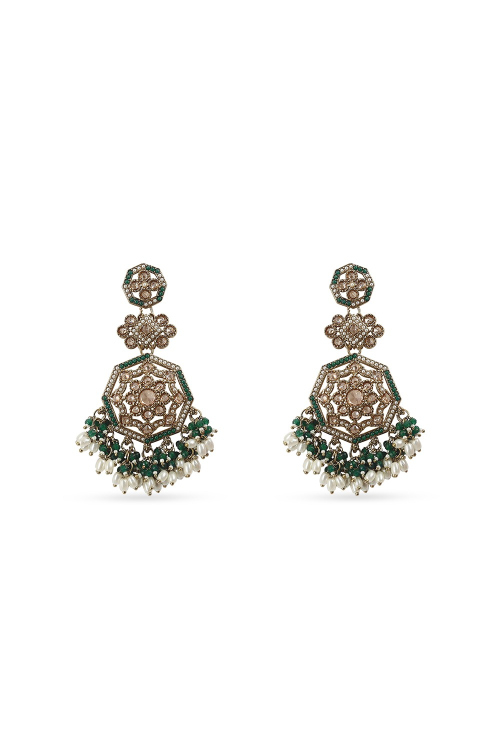 Bottle Green Stone Dangle Earrings With Gold-Plated Finish