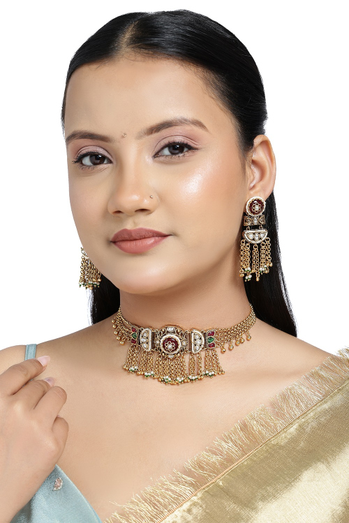 Multi Color Gold Plated Choker Set With Earrings