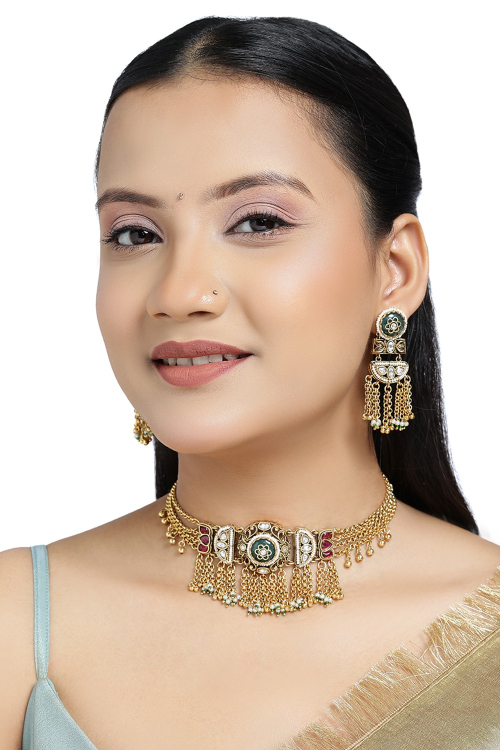 Multi Color Beads Choker Set With Earrings