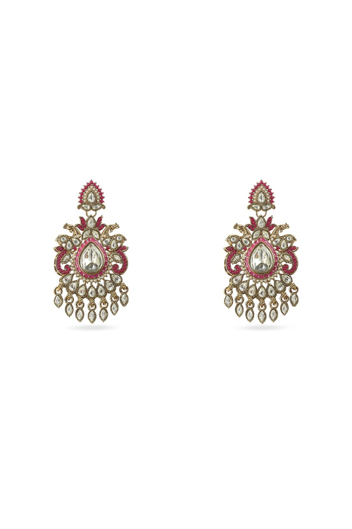 Dark Pink Kundan Work Earrings with Gold-Plated Finish