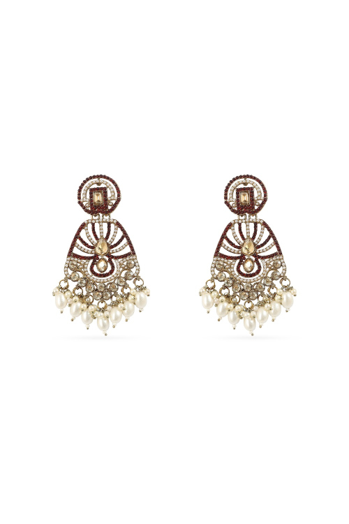 Dark Maroon Beaded Dangle Earrings with Gold-Plated Finish