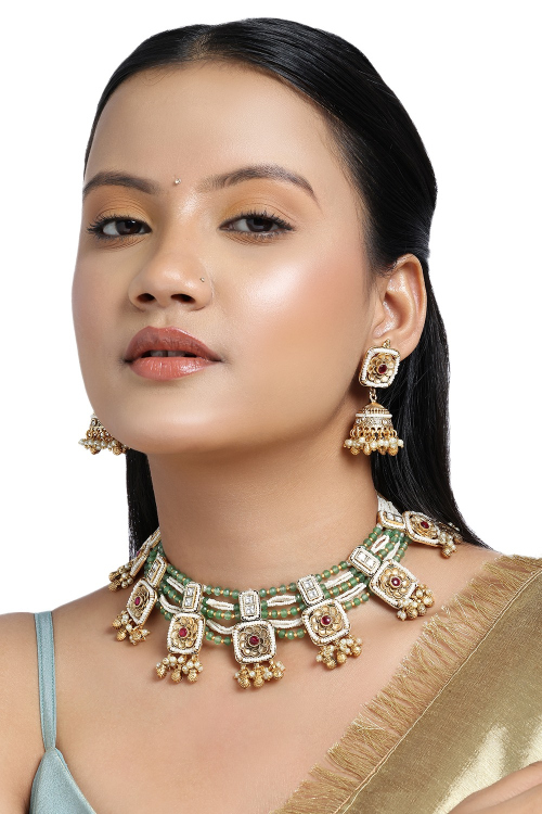 Multi Color Gold Plated Choker Set With Earrings