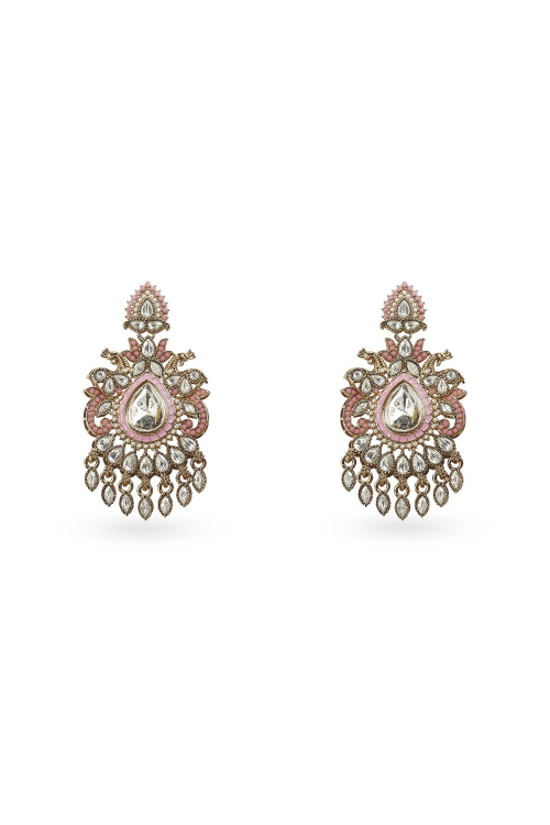 Pastel Pink Kundan Work Earrings with Gold-Plated Finish