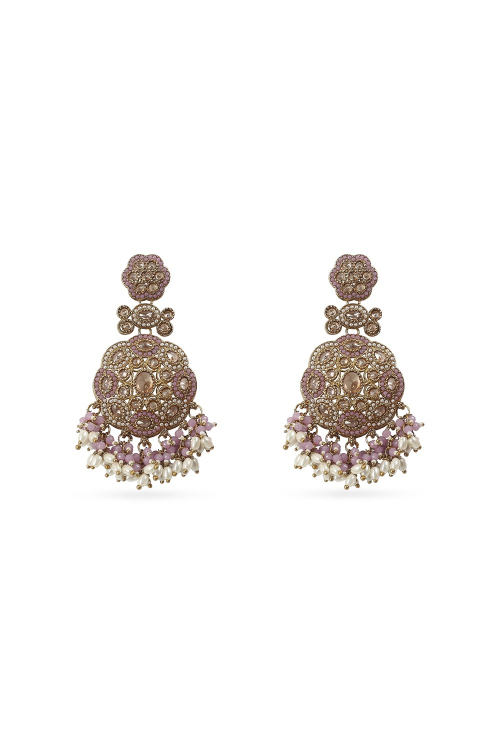 Elegant Light Pink Alloy Earrings with Pearl & Stone Work