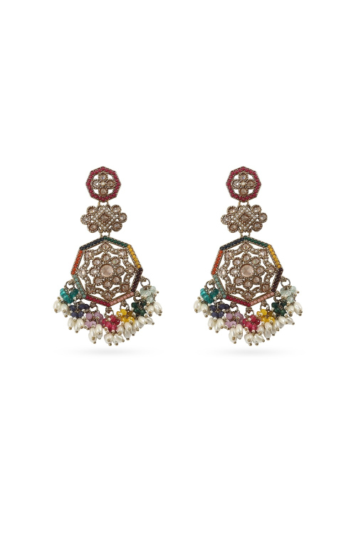 Multi Color Stone Dangle Earrings With Gold-Plated Finish