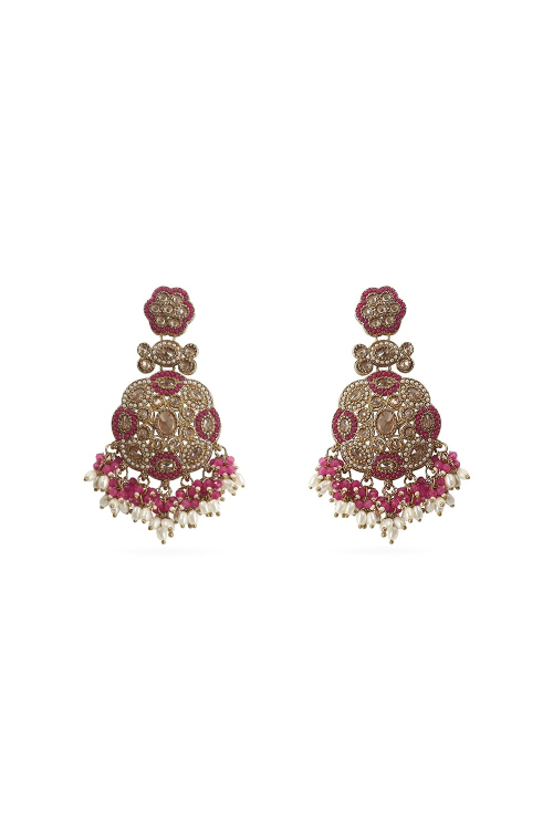 Dark Pink Beaded Dangle Gold Plated Earrings