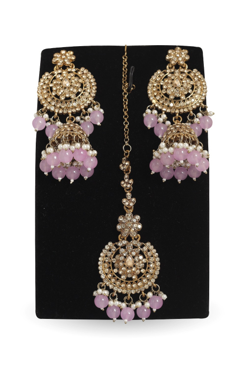 Lavender Purple Stone Earrings With Maang Tikka