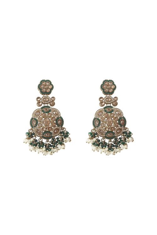 Alloy Earrings in Bottle Green with Stone & Pearl Detailing