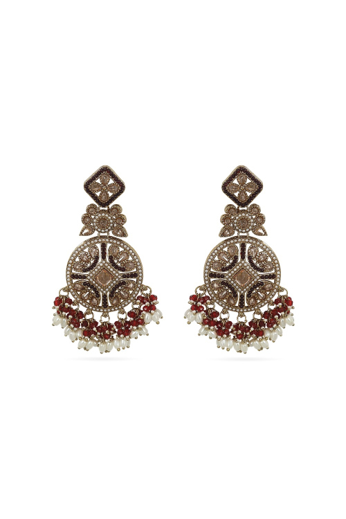Maroon Beaded Gold-Plated Dangle Earrings