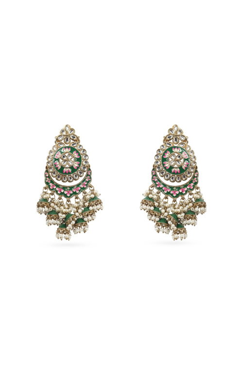 Dark Green Gold-Plated Beaded Dangle Earrings