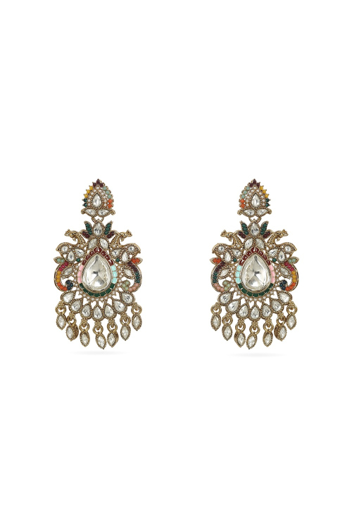 Multi Color Kundan Work Earrings with Gold-Plated Finish