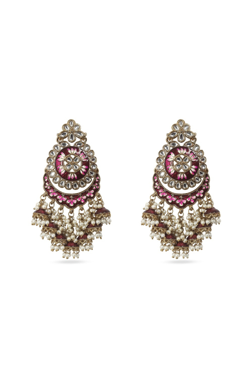 Wine Maroon Gold-Plated Beaded Dangle Earrings