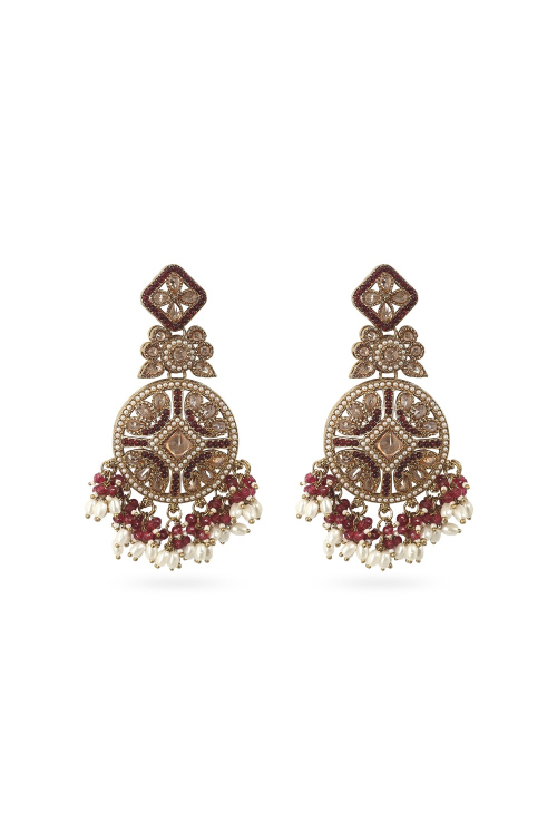 Magenta Pink Beaded Dangle Earrings With Gold-Plated Finish