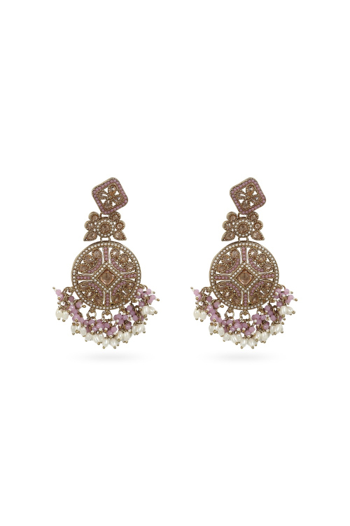 Mauve Beaded Dangle Earrings With Gold-Plated Finish