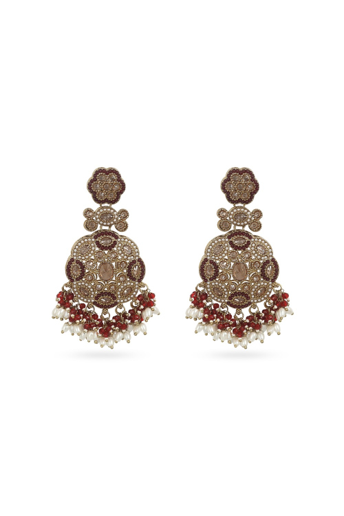 Maroon Beaded Dangle Earrings With Gold-Plated Finish