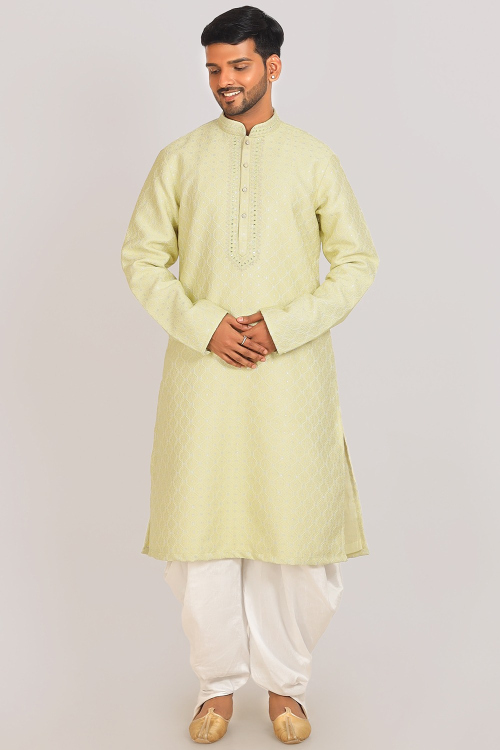 Cream Beige Cotton Silk Weaved Men's Kurta With Dhoti Pants
