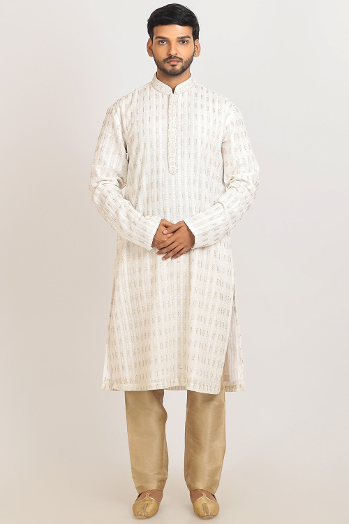 Off White Embroidered Georgette Men's Straight Cut Kurta Pajama