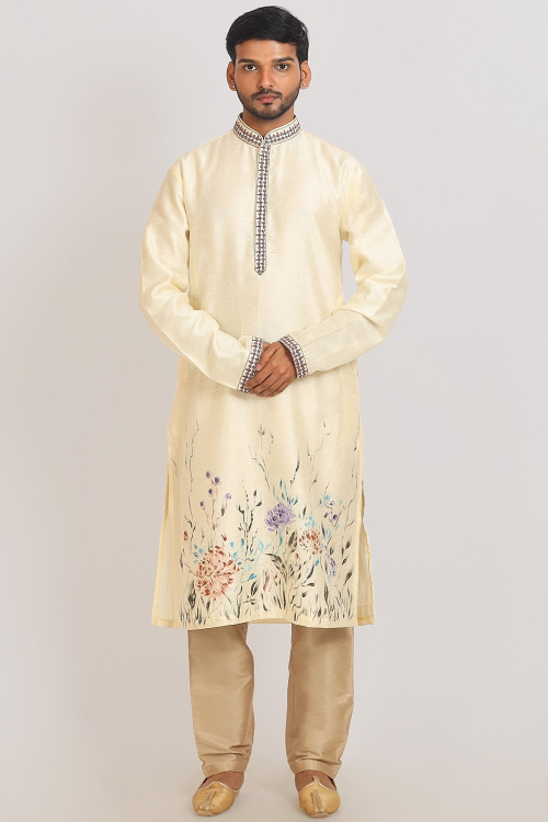 Cream Cotton Silk Printed Men's Straight Cut Kurta Pajama