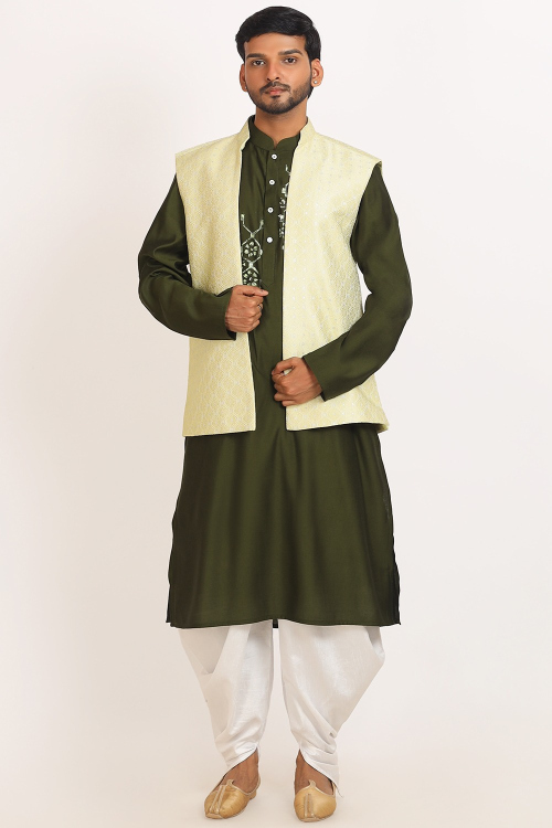Olive Green Cotton Silk Printed Men's Straight Cut Kurta With Dhoti Pants