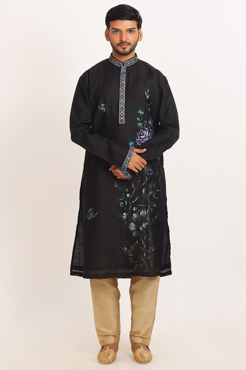 Black Cotton Silk Men's Straight Cut Printed Kurta Pajama