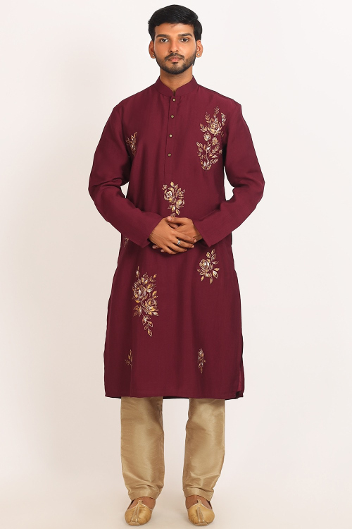 Burgundy Maroon Printed Cotton Men's Straight Cut Kurta Pajama 