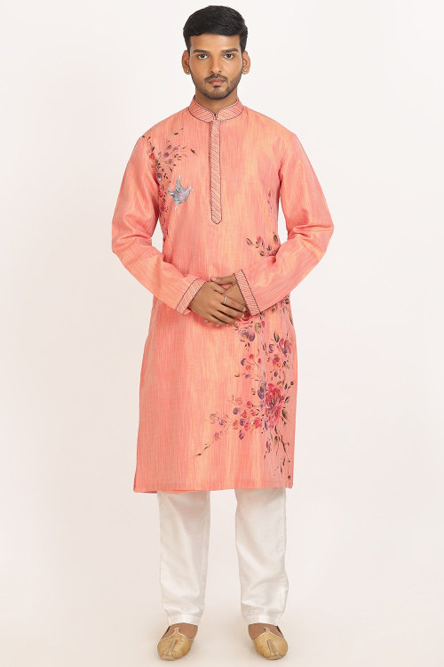 Salmon Pink Cotton Silk Printed Men's Straight Cut Kurta Pajama 