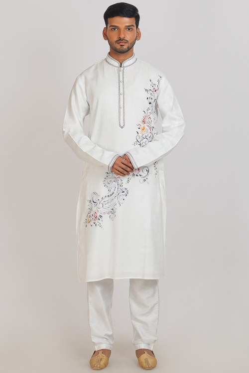 White Printed Cotton Men's Straight Cut Kurta Pajama