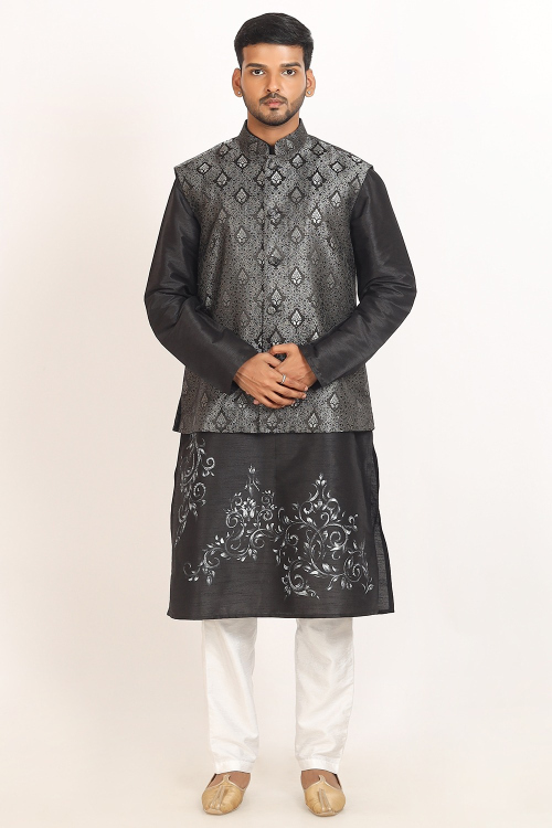 Printed Black Dupion Silk Men's Jacket Style Kurta Pajama