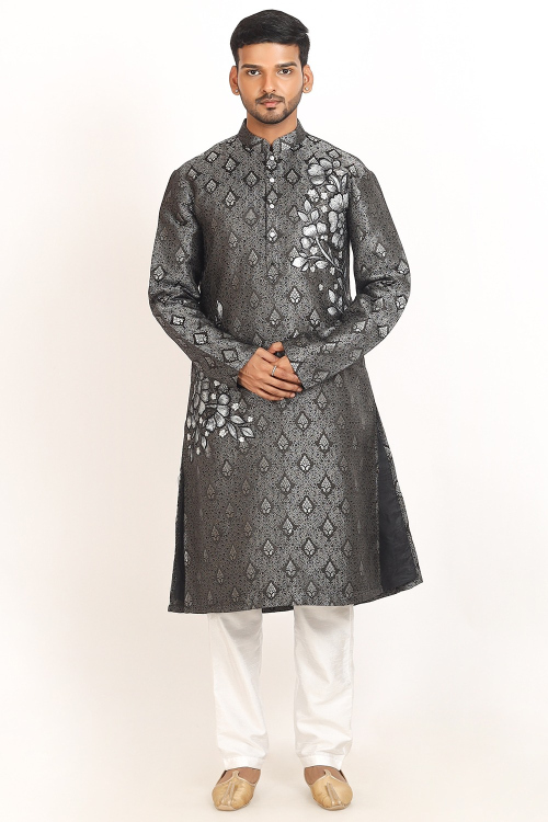 Black Weaved Cotton Silk Men's Straight Cut Kurta Pajama 