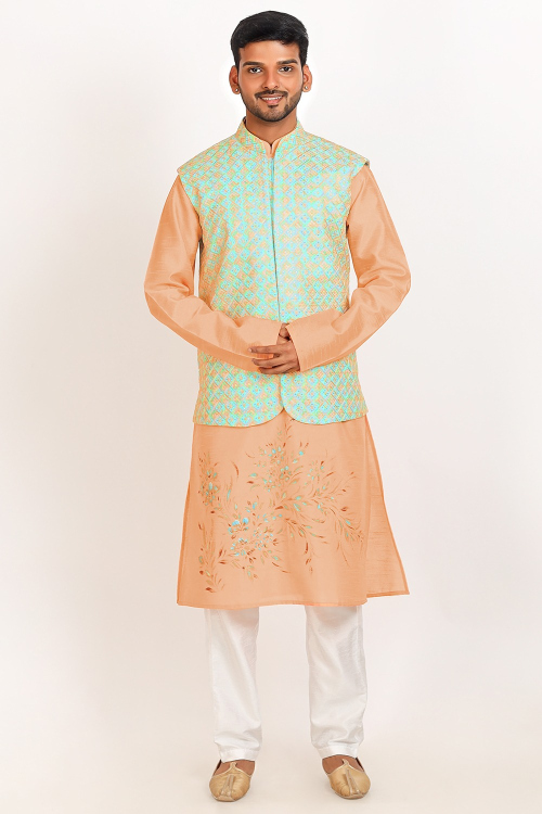 Printed Salmon Orange Dupion Silk Men's Jacket Style Kurta Pajama