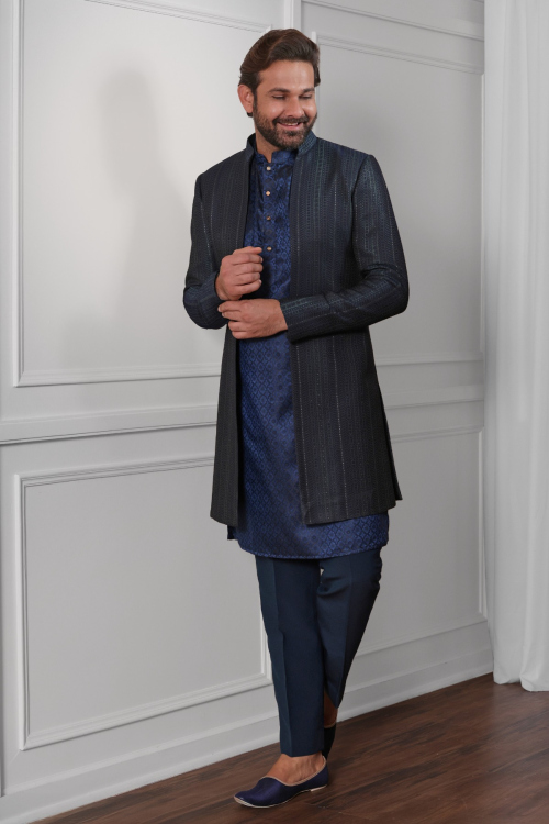 Prussian Blue Jacquard Kurta Pajama With Weaved Thread Work For Wedding