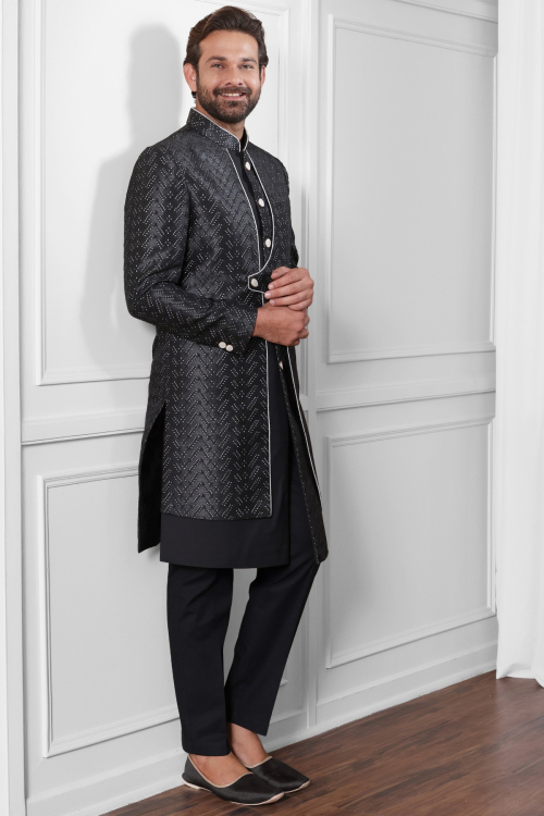 Black Jacquard Men&#039;s Sherwani With Weaved Work For Weddings