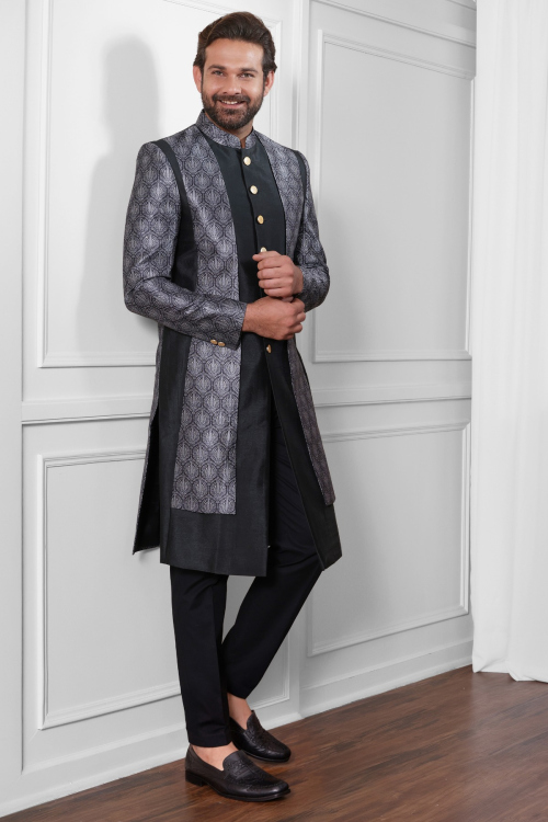 Black Jacquard Men&#039;s Sherwani With Woven Sequins Work For Weddings
