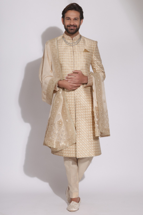 Light Peach Jacquard Men&#039;s Weaved Sherwani With Dupatta for Wedding