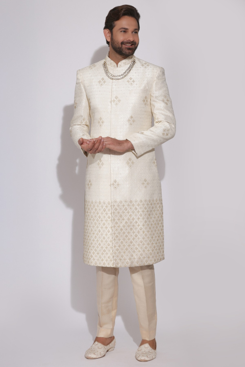 Light Beige Jacquard Men&#039;s Sherwani With Weaved Work for Wedding