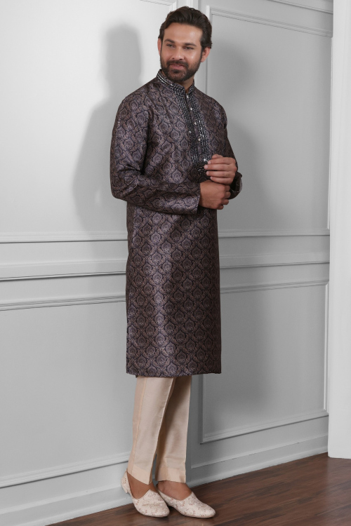 Art Silk Dark Grey Festival Wear Men&#039;s Printed Kurta Pajama