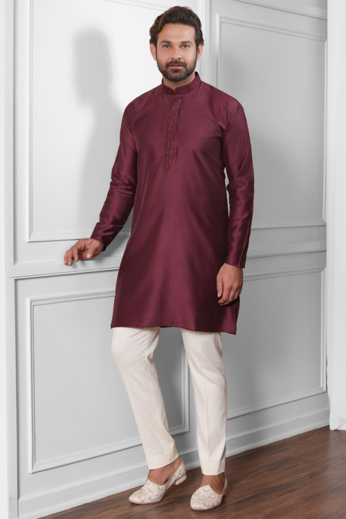 Cotton Wine Maroon Festive Men&#039;s Kurta Pajama With Resham Thread Work