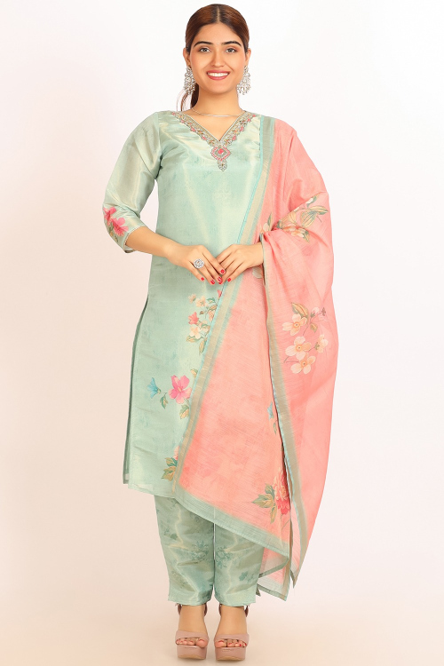 Mint Green Shimmer Organza Printed Straight Cut Trouser Suit 