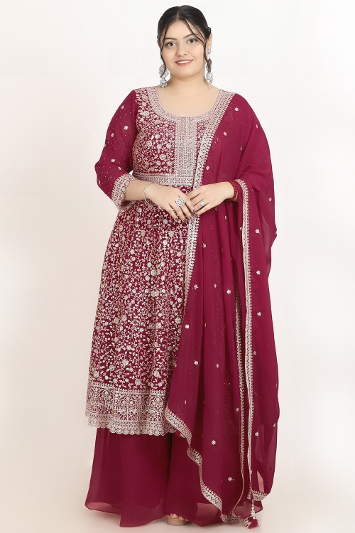 Ruby Pink Frock Style Ready Made Palazzo Suit in Embroidered Georgette