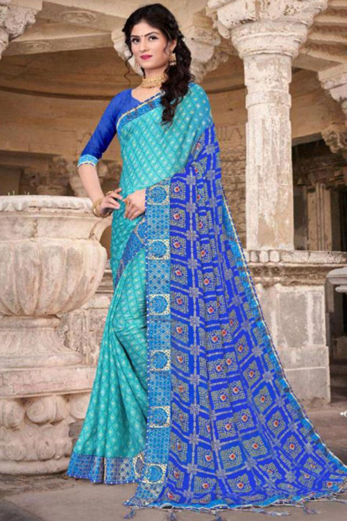 Aqua Blue Chiffon Printed Casual Wear Saree