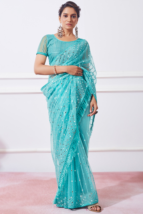 Aqua Blue Net Embroidered Light Weight Saree