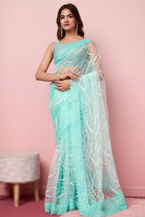 Aqua Blue Net Sequins Embroidered Light Weight Saree