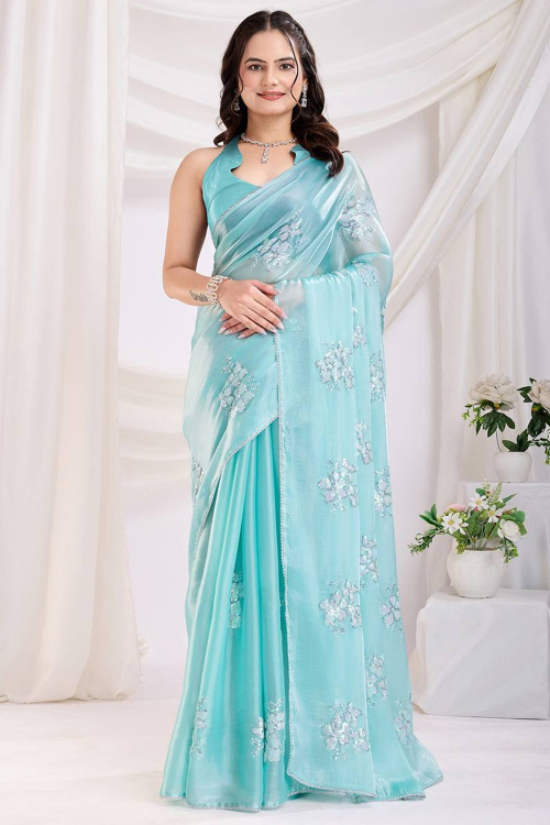 Aqua Blue Organza Sequins Embroidered Light Weight Saree