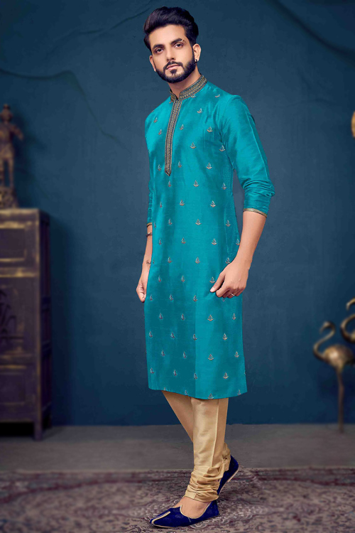 Aqua Blue Poly Cotton Embroidered Men's Kurta With Churidar