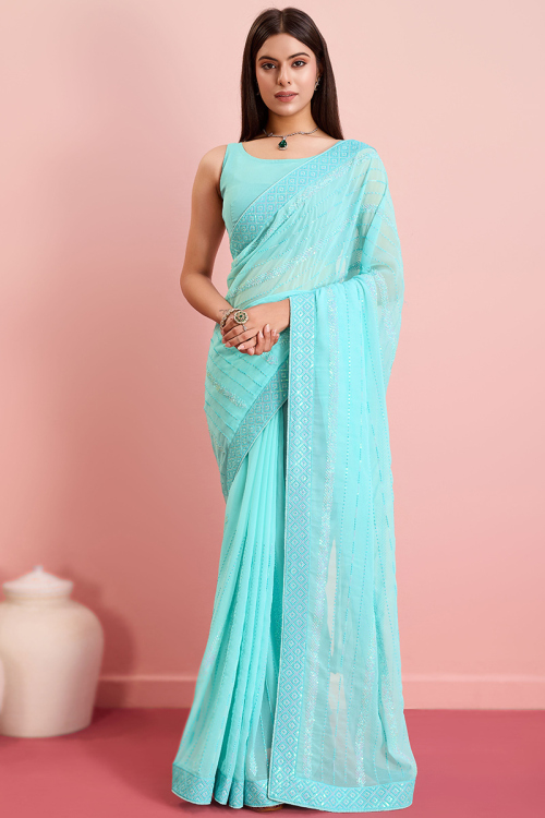 Aqua Blue Sequins Embroidered Georgette Party Wear Saree 