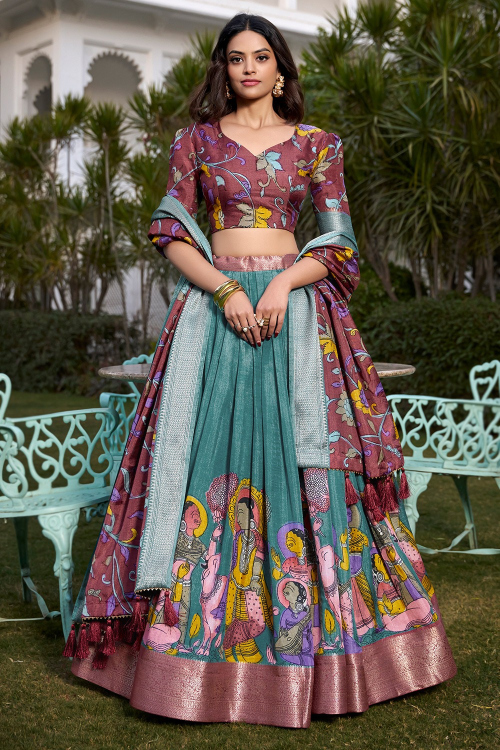 Aqua Blue Silk Printed A Line Lehenga 
