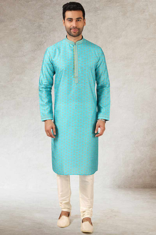 Aqua Blue Silk Printed Men Kurta Churidar