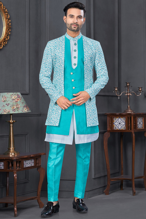Aqua Blue Silk Printed Straight Cut Ready to Wear Men’s Sherwani